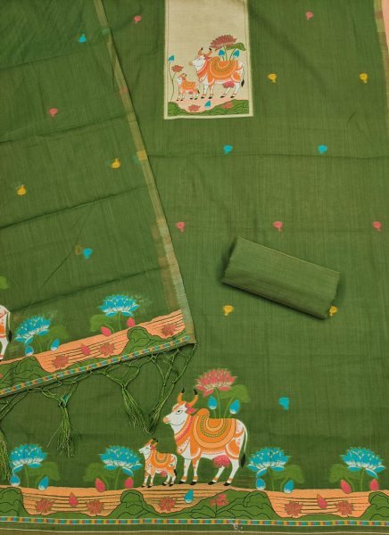 Remarkable Green Muga Cotton Dress Material Set at Wholesale Rate for Women Color Set Matching Dress Material Wholesale