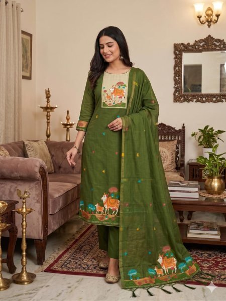 Remarkable Green Muga Cotton Dress Material Set at Wholesale Rate for Women Color Set Matching Dress Material Wholesale