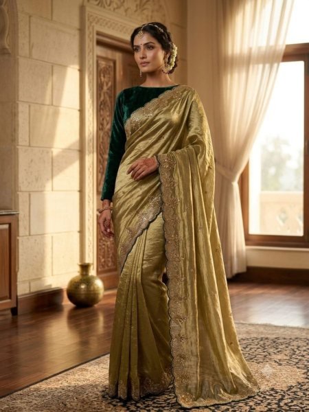 Remarkable Mahendi Green Festive Wear Space Silk Saree with Sparkling Sequins Embroidery 