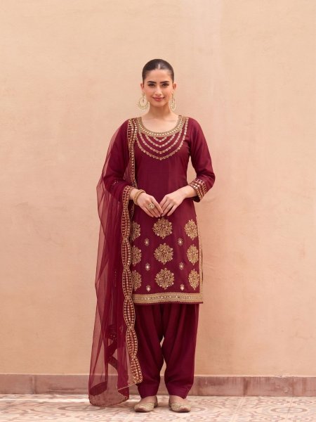 Remarkable Maroon Festival Wear Britaline Soft Silk Embroidered Suit with Net Border Dupatta 