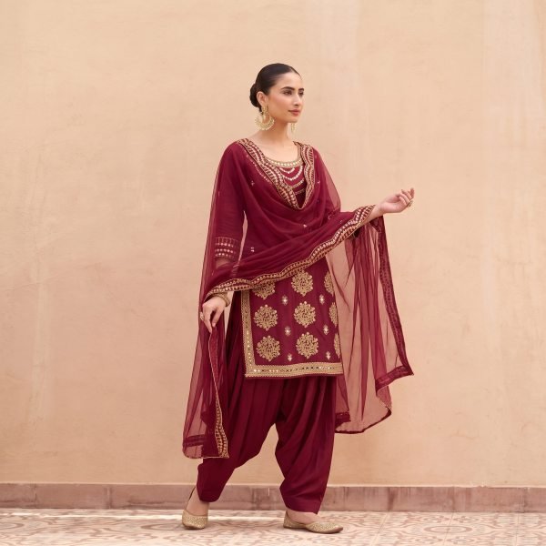 Remarkable Maroon Festival Wear Britaline Soft Silk Embroidered Suit with Net Border Dupatta Designer Plazzo Salwar Suits Wholesale