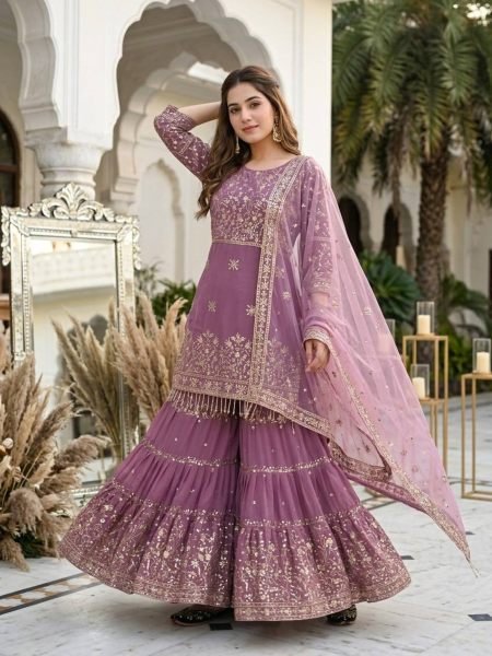 Remarkable Mauve Designer Faux Georgette Top Sharara Dupatta Set with Heavy Sequin Work 