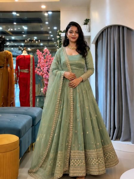 Remarkable Mint Green Crunchy Gown Set With Embroidered Work On Sleeves For Women 
