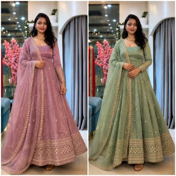 Remarkable Mint Green Crunchy Gown Set With Embroidered Work On Sleeves For Women Ready To Wear Collection