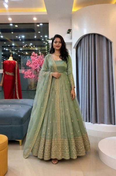 Remarkable Mint Green Crunchy Gown Set With Embroidered Work On Sleeves For Women Ready To Wear Collection
