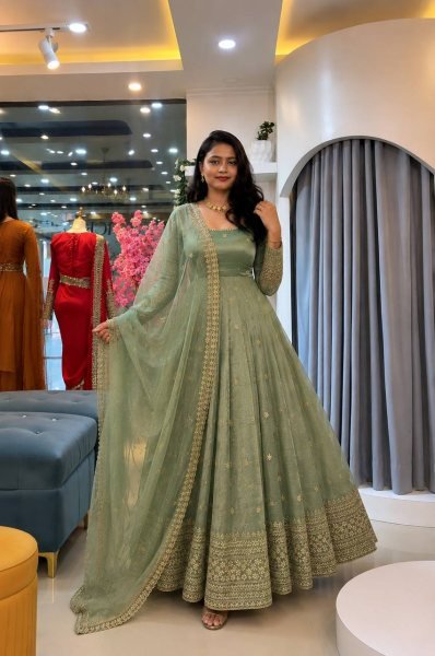 Remarkable Mint Green Crunchy Gown Set With Embroidered Work On Sleeves For Women Ready To Wear Collection