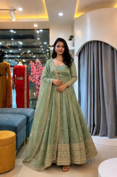 Remarkable Mint Green Crunchy Gown Set With Embroidered Work On Sleeves For Women Ready To Wear Collection
