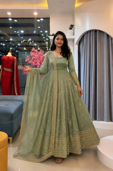 Remarkable Mint Green Crunchy Gown Set With Embroidered Work On Sleeves For Women Ready To Wear Collection
