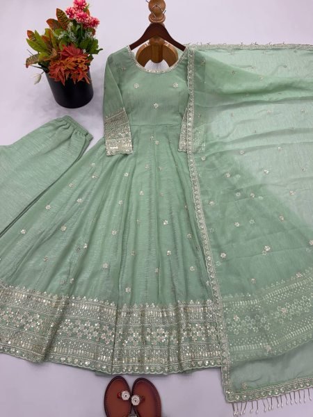 Remarkable Mint Green Crunchy Gown Set With Embroidered Work On Sleeves For Women Ready To Wear Collection