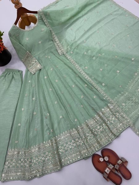 Remarkable Mint Green Crunchy Gown Set With Embroidered Work On Sleeves For Women Ready To Wear Collection