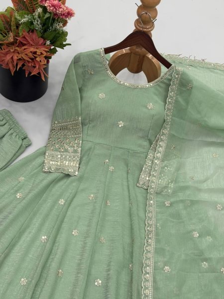 Remarkable Mint Green Crunchy Gown Set With Embroidered Work On Sleeves For Women Ready To Wear Collection