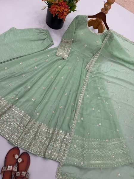 Remarkable Mint Green Crunchy Gown Set With Embroidered Work On Sleeves For Women Ready To Wear Collection