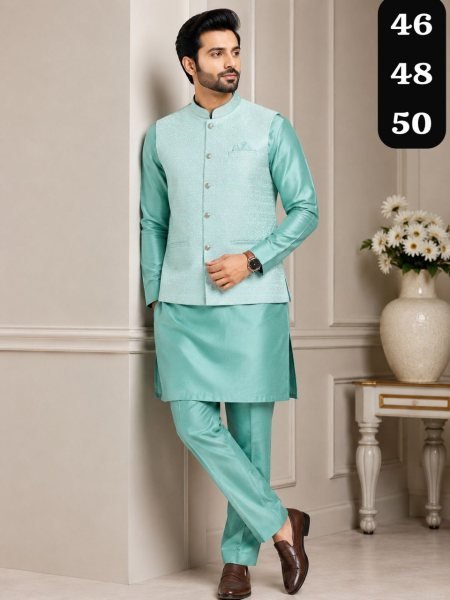 Remarkable Mint Green Silk Kurta Pajama Set with Self Design Jacquard Koti for Men Kurta Pajama Wholesale