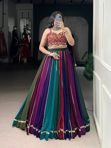 Remarkable Multi Color Georgette Lehenga with Heavy Mirror Gamthi Work Blouse Navratri Lehnega Choli