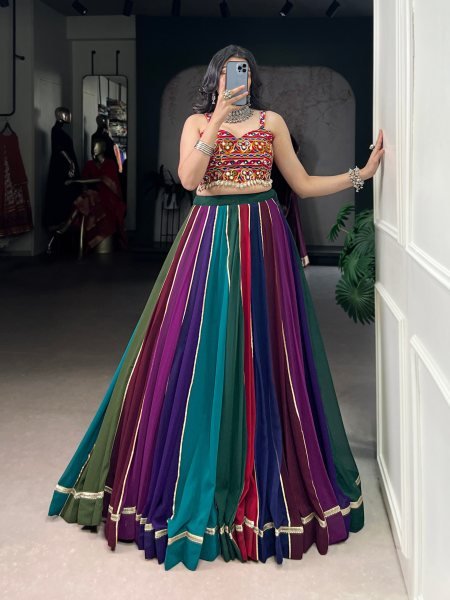 Remarkable Multi Color Georgette Lehenga with Heavy Mirror Gamthi Work Blouse Navratri Lehnega Choli
