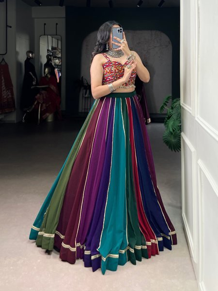 Remarkable Multi Color Georgette Lehenga with Heavy Mirror Gamthi Work Blouse Navratri Lehnega Choli