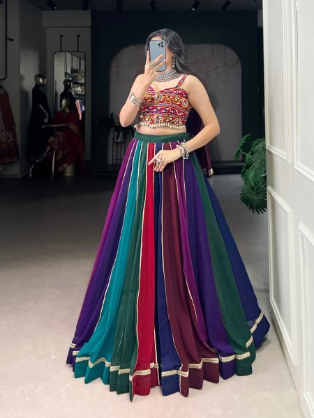 Remarkable Multi Color Georgette Lehenga with Heavy Mirror Gamthi Work Blouse Navratri Lehnega Choli
