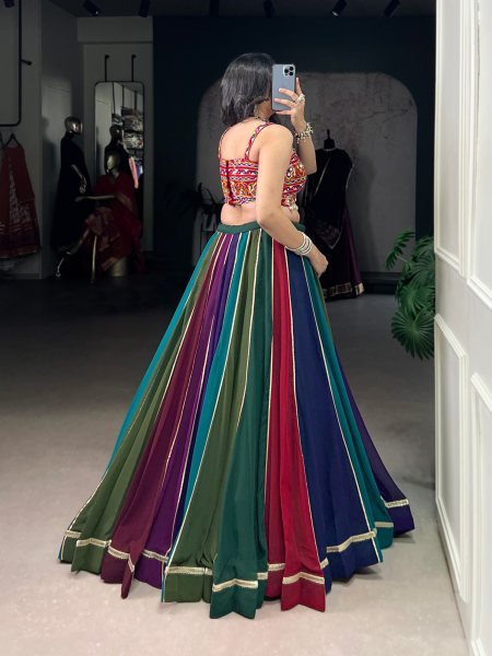 Remarkable Multi Color Georgette Lehenga with Heavy Mirror Gamthi Work Blouse Navratri Lehnega Choli
