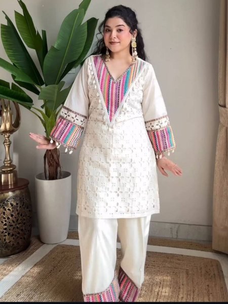 Remarkable OffWhite Khadi Cotton Co Ord Set with Schiffli Thread Work For Rakhi Kurtis