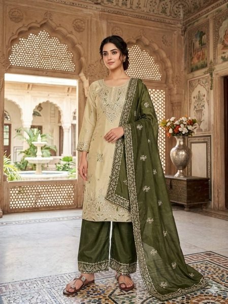 Remarkable Olive Green Full Stitched Palazzo Suit with Heavy Sequence Work for Women Ready To Wear Collection