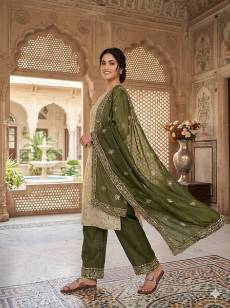 Remarkable Olive Green Full Stitched Palazzo Suit with Heavy Sequence Work for Women Ready To Wear Collection
