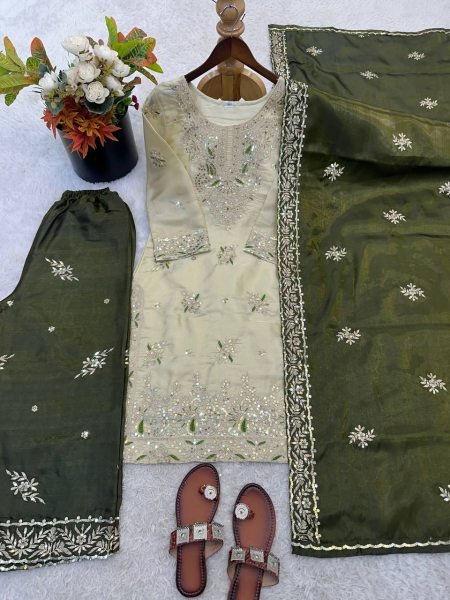 Remarkable Olive Green Full Stitched Palazzo Suit with Heavy Sequence Work for Women Ready To Wear Collection