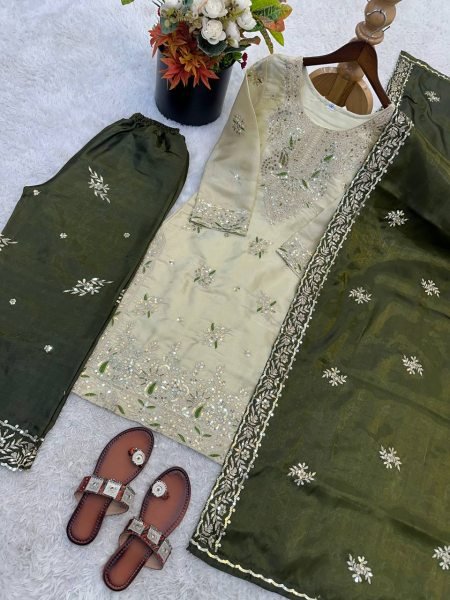 Remarkable Olive Green Full Stitched Palazzo Suit with Heavy Sequence Work for Women Ready To Wear Collection