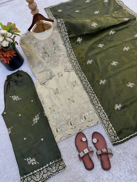 Remarkable Olive Green Full Stitched Palazzo Suit with Heavy Sequence Work for Women Ready To Wear Collection