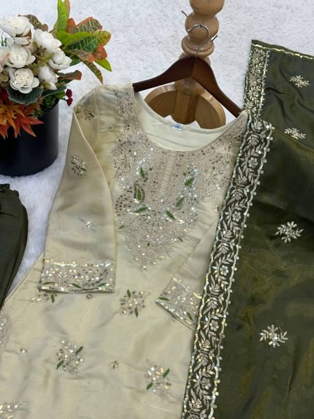 Remarkable Olive Green Full Stitched Palazzo Suit with Heavy Sequence Work for Women Ready To Wear Collection