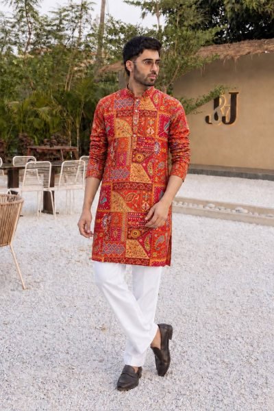 Remarkable Orange Men   s Short Kurta with Golden Thread   Sequins Work Kurta Pajama Wholesale