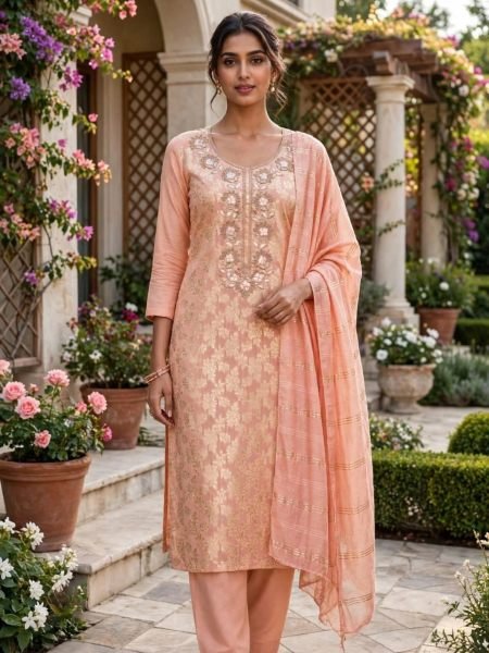 Remarkable Peach Festive Wear Modal Jacquard Suit with Embroidery For Bulk Order Dress Material 
