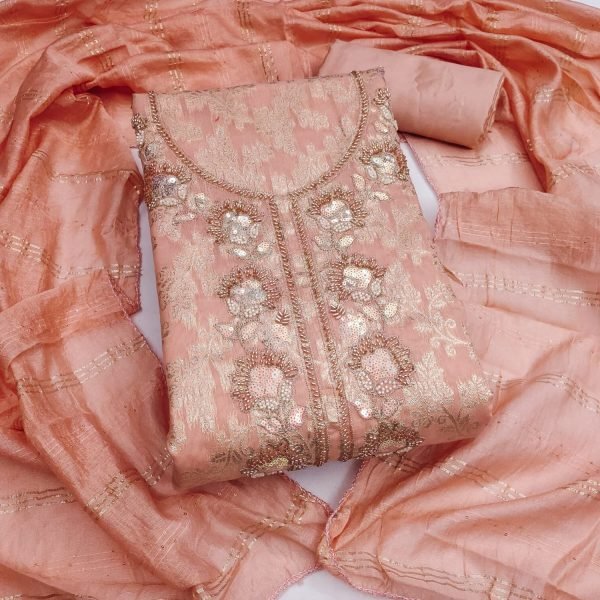 Remarkable Peach Festive Wear Modal Jacquard Suit with Embroidery For Bulk Order Color Set Matching Dress Material Wholesale