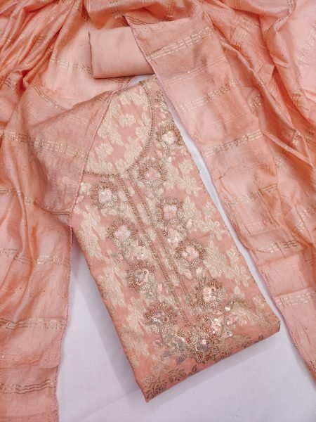Remarkable Peach Festive Wear Modal Jacquard Suit with Embroidery For Bulk Order Color Set Matching Dress Material Wholesale