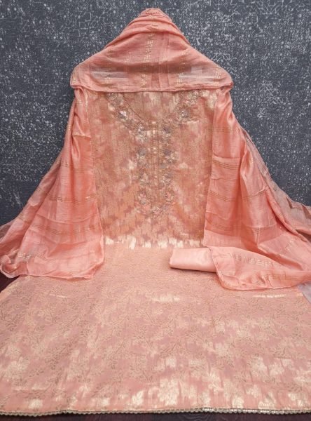 Remarkable Peach Festive Wear Modal Jacquard Suit with Embroidery For Bulk Order Color Set Matching Dress Material Wholesale