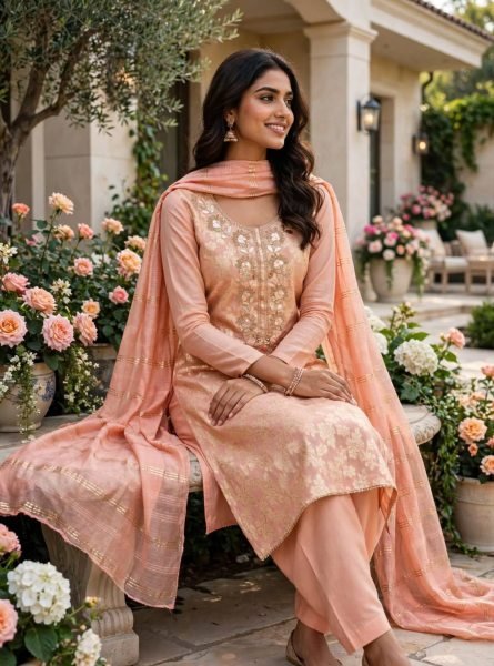 Remarkable Peach Festive Wear Modal Jacquard Suit with Embroidery For Bulk Order Color Set Matching Dress Material Wholesale