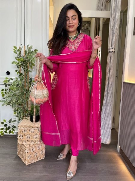 Remarkable Pink Ethnic Chanderi Kurti Pant Set with Embroidery for Boutique Collection Kurtis