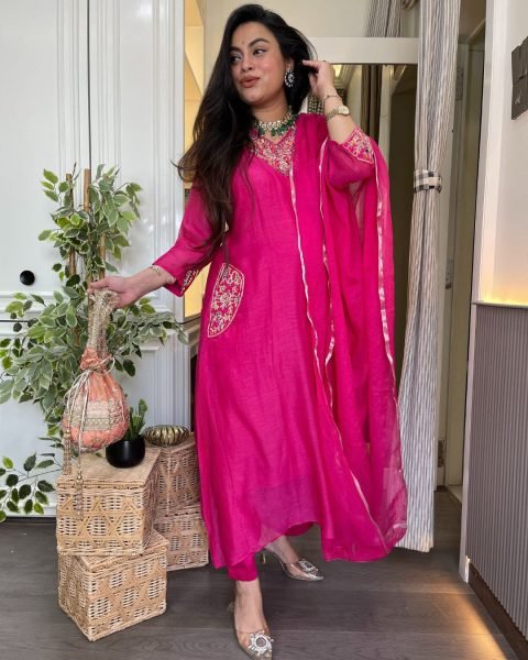 Remarkable Pink Ethnic Chanderi Kurti Pant Set with Embroidery for Boutique Collection Embroidery Kurtis 