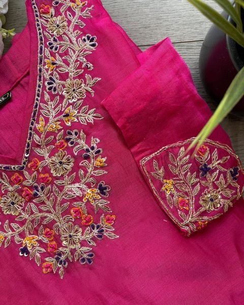 Remarkable Pink Ethnic Chanderi Kurti Pant Set with Embroidery for Boutique Collection Embroidery Kurtis 