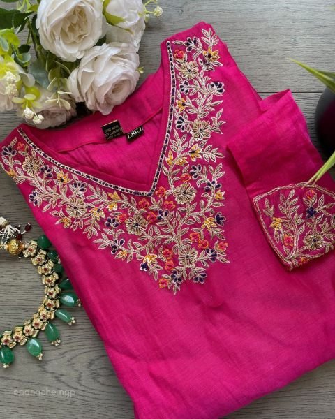 Remarkable Pink Ethnic Chanderi Kurti Pant Set with Embroidery for Boutique Collection Embroidery Kurtis 