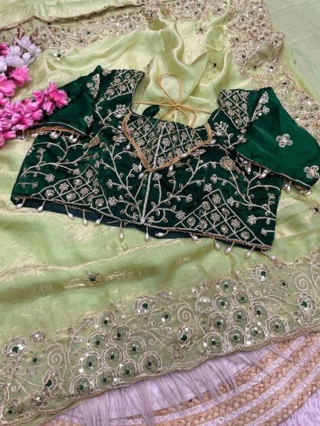 Remarkable Pista Women s Fendy Satin Silk Designer Saree With Stitched Blouse 