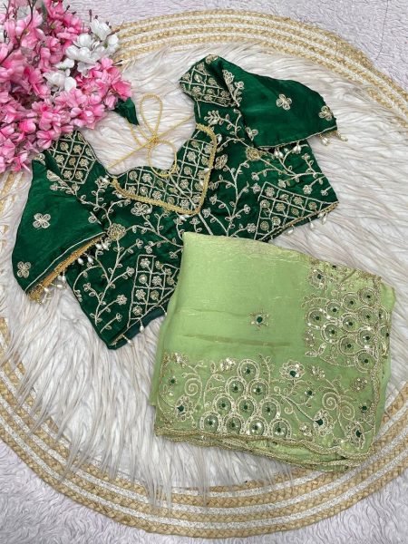 Remarkable Pista Women s Fendy Satin Silk Designer Saree With Stitched Blouse Silk Sarees Wholesale