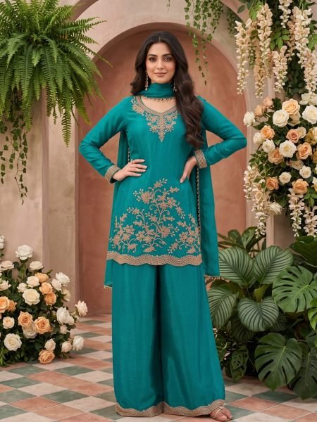 Remarkable Rama Designer Chinnon Top Pant Dupatta Set with All Over Beads Work Salwar Kameez