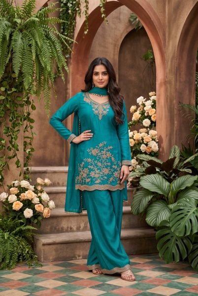 Remarkable Rama Designer Chinnon Top Pant Dupatta Set with All Over Beads Work Designer Plazzo Salwar Suits Wholesale