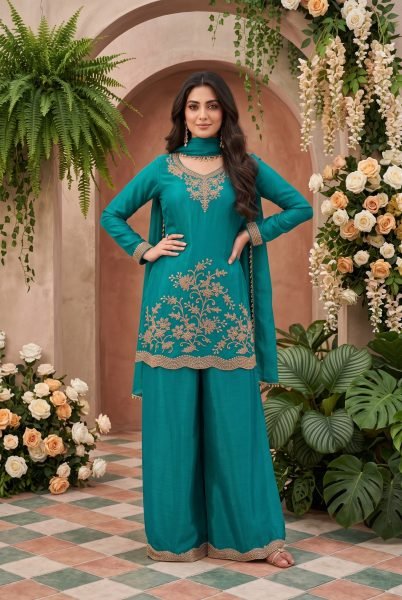 Remarkable Rama Designer Chinnon Top Pant Dupatta Set with All Over Beads Work Designer Plazzo Salwar Suits Wholesale