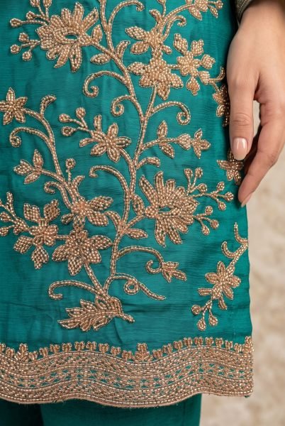 Remarkable Rama Designer Chinnon Top Pant Dupatta Set with All Over Beads Work Designer Plazzo Salwar Suits Wholesale