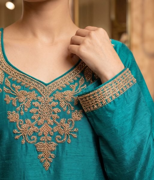 Remarkable Rama Designer Chinnon Top Pant Dupatta Set with All Over Beads Work Designer Plazzo Salwar Suits Wholesale