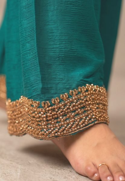 Remarkable Rama Designer Chinnon Top Pant Dupatta Set with All Over Beads Work Designer Plazzo Salwar Suits Wholesale