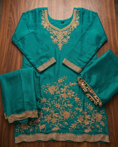 Remarkable Rama Designer Chinnon Top Pant Dupatta Set with All Over Beads Work Designer Plazzo Salwar Suits Wholesale