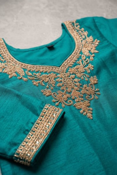 Remarkable Rama Designer Chinnon Top Pant Dupatta Set with All Over Beads Work Designer Plazzo Salwar Suits Wholesale