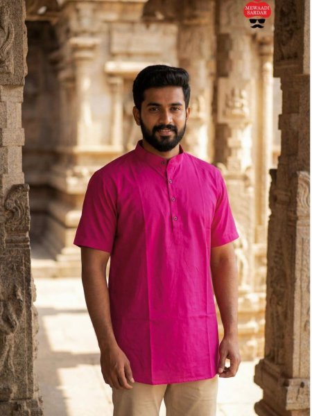 Remarkable Rani pink Half Sleeve Silk Kurta for Men Lightweight Daily Wear Mens Wear